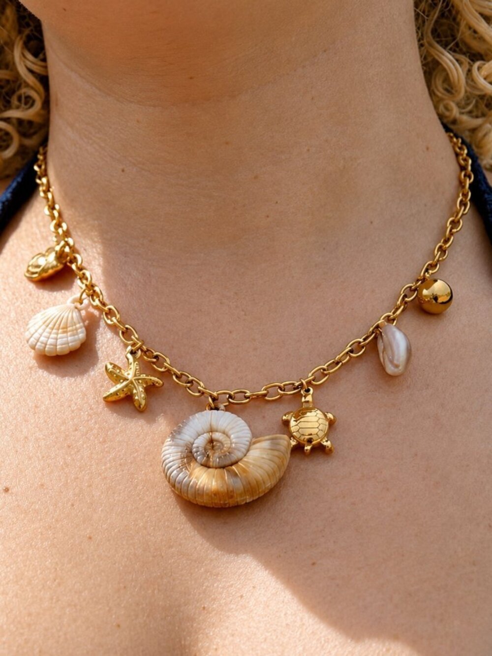 Gold Shell Turtle Starfish Charm Necklace Coastal Mermaidcore Beach 18K Plated